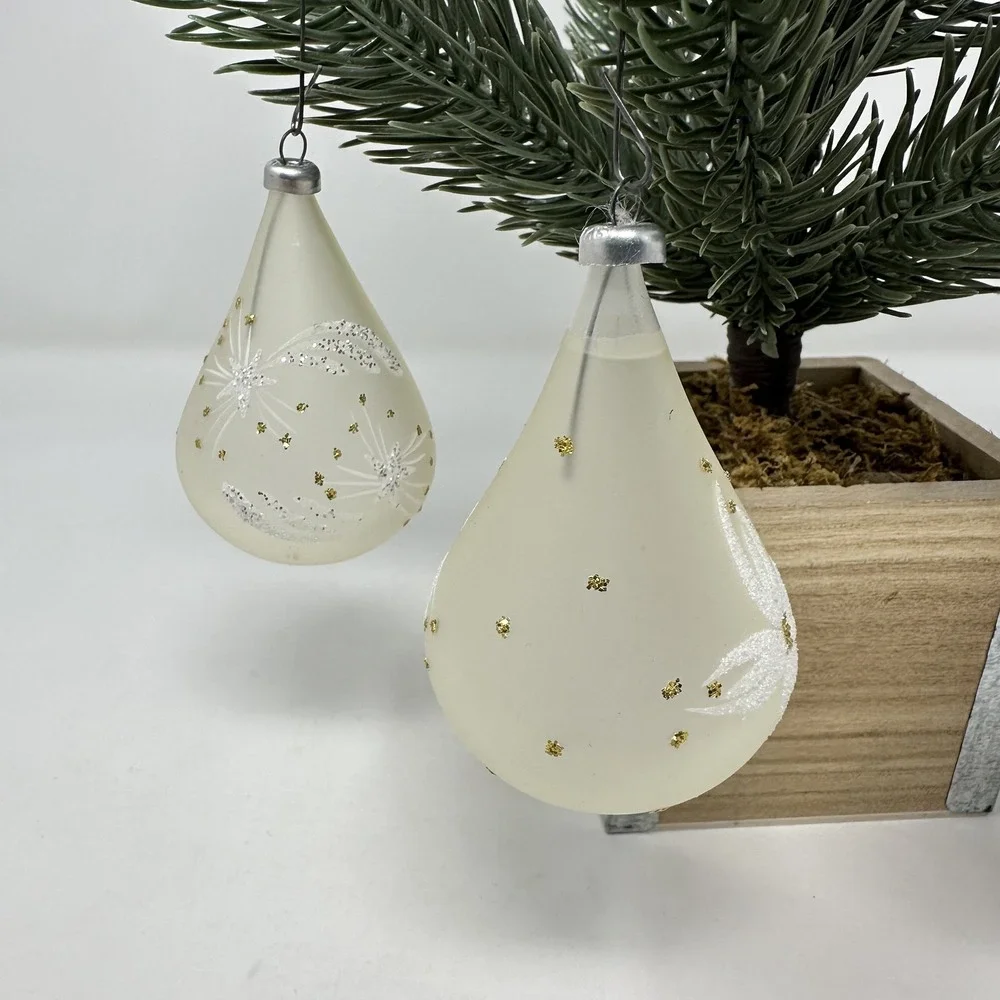 Vintage Glass Christmas Teardrop Ornaments Glitter Star Flower Set 4 Holiday Dec